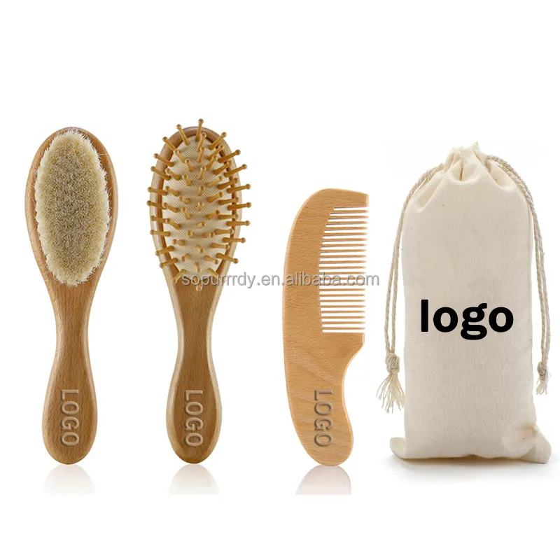 Özel Logo toptan keçi fırça bebek saç fırçası çocuklar masaj saç fırçaları yenidoğan ahşap Mini Hairbrush tarak