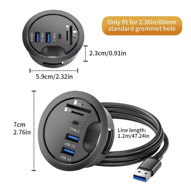 USB Desk Grommet Hole USB Hub Mounting USB 3.0 Type C TF Card Slot Desktop Cable Organizers for PC Laptops HDD USB Device