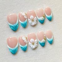 Uñas Acrílicas Francesas de Almendra con Puntas Largas y Diseño de Mariposa, Pre-Diseñadas con Pegamento, Listas para Usar