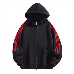 Wholesale Men Oversized Zip-Up Hoodie French Terry Hooded Sweatshirt with Striped Sleeves Casual Autumn Sportswear - Product Image 2