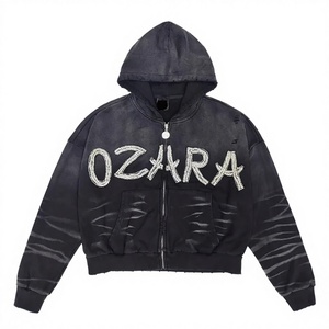 OEM High Quality 100% Cotton Loose Fit Heavyweight Street Wear Distress Acid Wash Print Worsted <b>Zip</b> <b>Hooded</b> Outwear Hoodie Men - Product Image 4