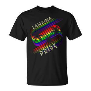 T-shirt Lahaina Pride Rainbow Palm Trees noir unisexe pour adulte, col rond, manches courtes, design promotionnel - Product Image 2