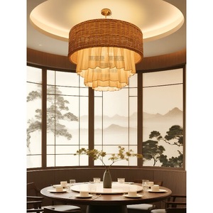 Chinese Style Rattan Chandelier Round E27 Gold 60cm 80cm 100cm For <b>Dining</b> Room Hotel Teahouse Restaurant <b>Lighting</b> - Product Image 1