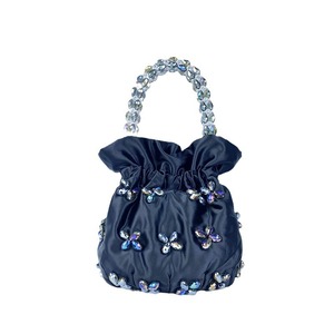 Ladies Fashion Open for <strong>Green</strong> Crystal Pearl Canvas <strong>Clutch</strong> with Drawstring Handmade Satin Handbag Purse Women Cross-Body Strap - Product Image 3