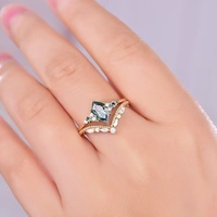 Ensemble de bagues en argent sterling 925 avec agate mousse taille hexagonale et petites pierres latérales en forme de cerf-volant