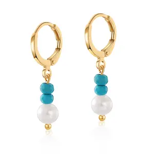Wholesale Ins Simple Shell Pearl Beads Pendent Turquoise 18k Gold Clip On Bohemian Women Earrings Jewelry