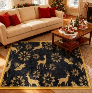 Tapis antidérapant en peluche bleu marine Longstar X Mas Decora avec imprimé renne doré et neige, parfait pour l'entrée, ornement de Noël - Product Image 3
