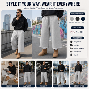 Pantaloni da Uomo Larghi e Corti in Felpa, Gamba Larga, in Maglia di Pile, con Bordi Sfrangiati, Elasticizzati, Dritti, in Jersey, Stile Skate, in Poliestere - Product Image 3