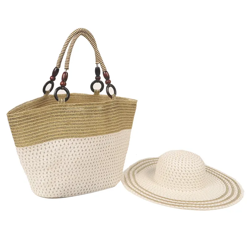 Stilvolle neue lässige Strohs äcke Big Tote Handtasche Große Damen Umhängetasche Sommerferien Strand tasche mit Hut mit Holz perle