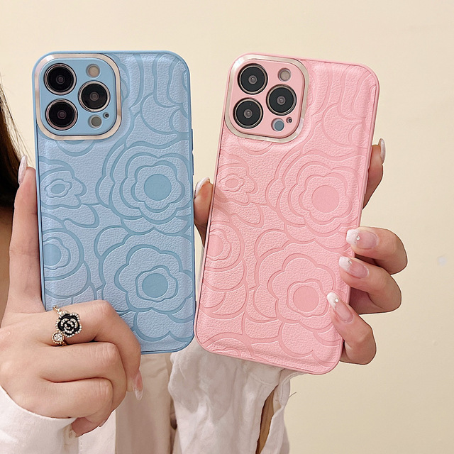 Luxury 3D Sculpture Flowers Camellia Leather Skin Case for Iphone 15 14 13 Promax Metal Lens Phone Case Cover for Iphone 12 11