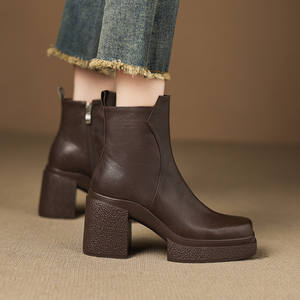 Zapatos de Tacón Medio Grueso, Hechos a Mano, Antideslizantes, Impermeables, de Punta Cuadrada, Color Sólido, Elegantes, Largos, Retro, Casuales y a la Moda - Product Image 6