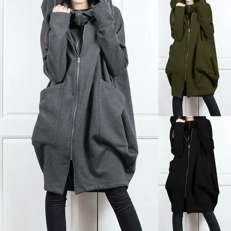 New Arrival fashion women coats winter and autumn solid color loose Hooded pocket plus size women's coats