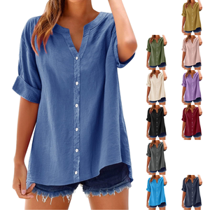 Nueva Blusa Elegante de Verano 2025 para Mujer, Cuello en V, Holgada, Informal, con Botones, de Lino, Transpirable, de Gasa Tejida, Sencilla, a la Moda, Lisa - Product Image 4
