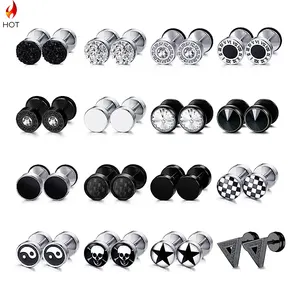 Fashion Jewelry Wholesale Boys 16 Pairs/set Piercing Black Silver Diamond Ear Plated Round Stainless Steel Stud Earrings for Men