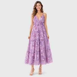 Elegante Abito <span class=keywords><strong>da</strong></span> Giardino Viola, Vestito Fluido a Strati in Viscosa, <span class=keywords><strong>Abbigliamento</strong></span> Floreale Femminile per Resort e Vacanze - Product Image 3