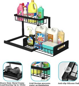 Organisateur métallique à 2 niveaux <span class=keywords><strong>sous</strong></span> évier avec tiroirs coulissants pour armoires de cuisine et de salle de bain, <span class=keywords><strong>rangement</strong></span> alimentaire, crochets de penderie - Product Image 3