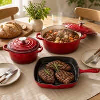 Ensemble de 5 pièces de batterie de cuisine en fonte émaillée avec poignées à double anse, couleurs disponibles, en stock, comprenant faitout, casserole et poêle