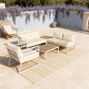 Conjunto de Muebles de Jardín en Forma de L que Ahorra Espacio, con Cojines Personalizables y Mesa con Superficie de Madera para Patios y Balcones Pequeños - Product Image 1