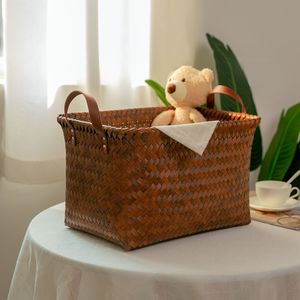 Handcrafted <b>Plant</b> Fiber Storage <b>Basket</b> Rectangle Multifunctional Clothing Organizer <b>For</b> Living Room Neatening With Pu Handles - Product Image 3