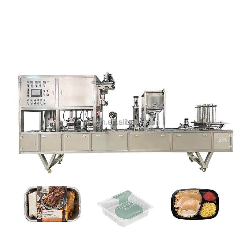 SUS304 Automatic PLC Linear Disposable Box Duck Blood Food Container Meat Meal Tray Filling Sealing Packing Machine