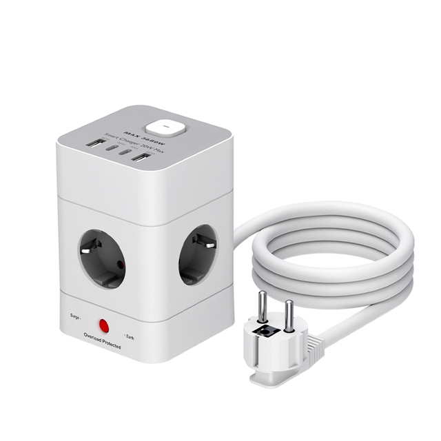 Mini Power Strip Tower With Type-C and USB-A Ports 4 AC Outlets Surge Protector Power Board With 1.8 Meters Extension Cord