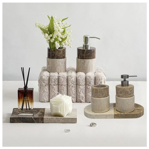 Ensemble d'accessoires <span class=keywords><strong>de</strong></span> <span class=keywords><strong>salle</strong></span> <span class=keywords><strong>de</strong></span> <span class=keywords><strong>bain</strong></span> 4 pièces en marbre couleur marron clair/beige centenaire <span class=keywords><strong>de</strong></span> haute qualité avec distributeur <span class=keywords><strong>de</strong></span> savon - Product Image 2