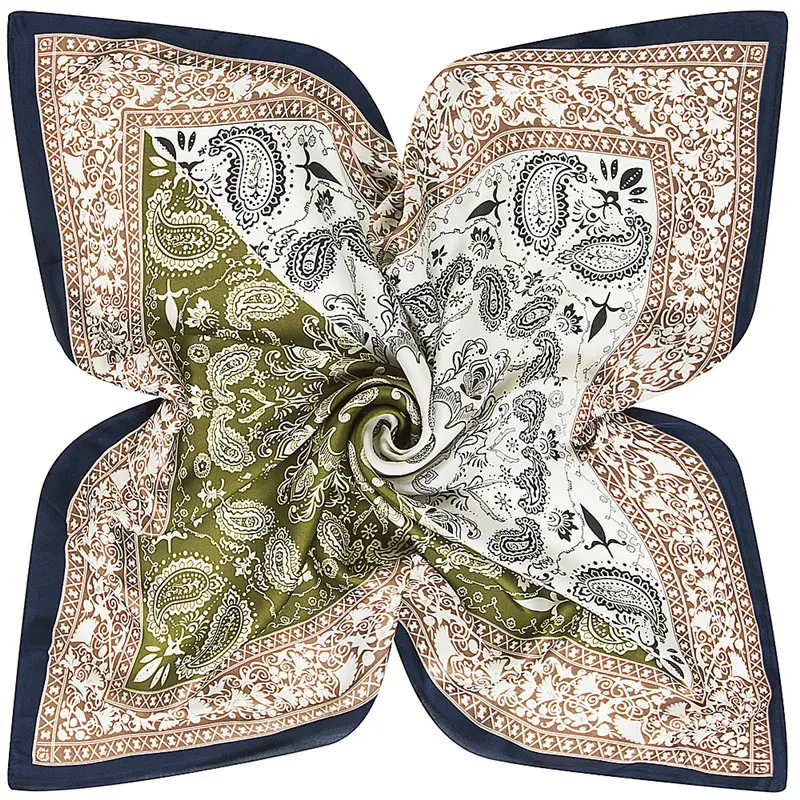 Fashion luxury paisley floral pattern black and white color satin scarves elegance custom head scarfs for ladies