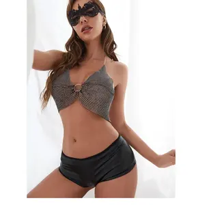 Camisola elástica brillante con diamantes de imitación, conjunto de disfraz metálico para club nocturno