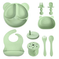 Ensemble de vaisselle en silicone pour bébé, motif animal, assiette, bol, bavoir, tasse, cuillère, fourchette, réutilisable, pour repas d'enfant