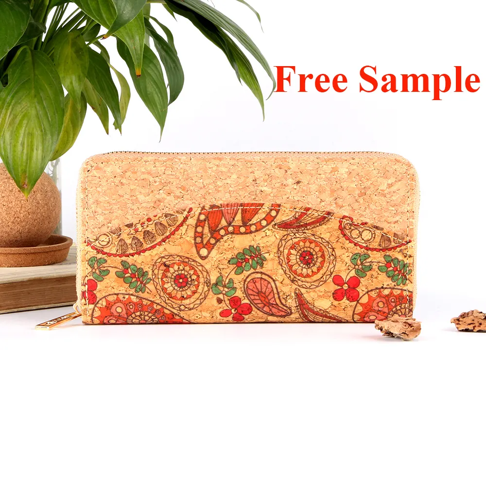 Free Sample Travel Custom Pattern Slim Long Clutch Purse Zipper Vegan Leather Cork Wallet For Women