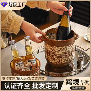 Cubo de hielo retro de cerámica, de gran capacidad, con asas, cubo de cerveza aislado y engrosado, perfecto para fiestas y para crear un ambiente especial. - Product Image 5