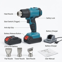 Pistolet à air chaud sans fil 21V pour soudure plastique 550W 0 à 550°C, mode simple/double, numérique, outil nu avec 3 buses, protection contre la surchauffe