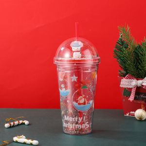 Kawaii 450ml Christmas Santa Reindeer Cartoon <b>Plastic</b> Straw Tumbler with Silver Glitter Dome Lid Double Wall Clear Icy Crushed - Product Image 4