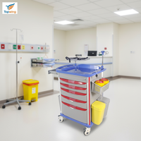 Chariot d'urgence médical professionnel moderne pour hôpital, en plastique, 5 tiroirs, avec support pour perfusion et défibrillateur, pour USI, ER et clinique