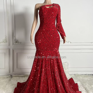 Vestido de Fiesta MF Personalizado, Corte Ajustado, Escote Alto con Cristales, Elegante, Brillante, Rojo, con Lentejuelas, Manga de Hombro Descubierto, Cola Larga - Product Image 2