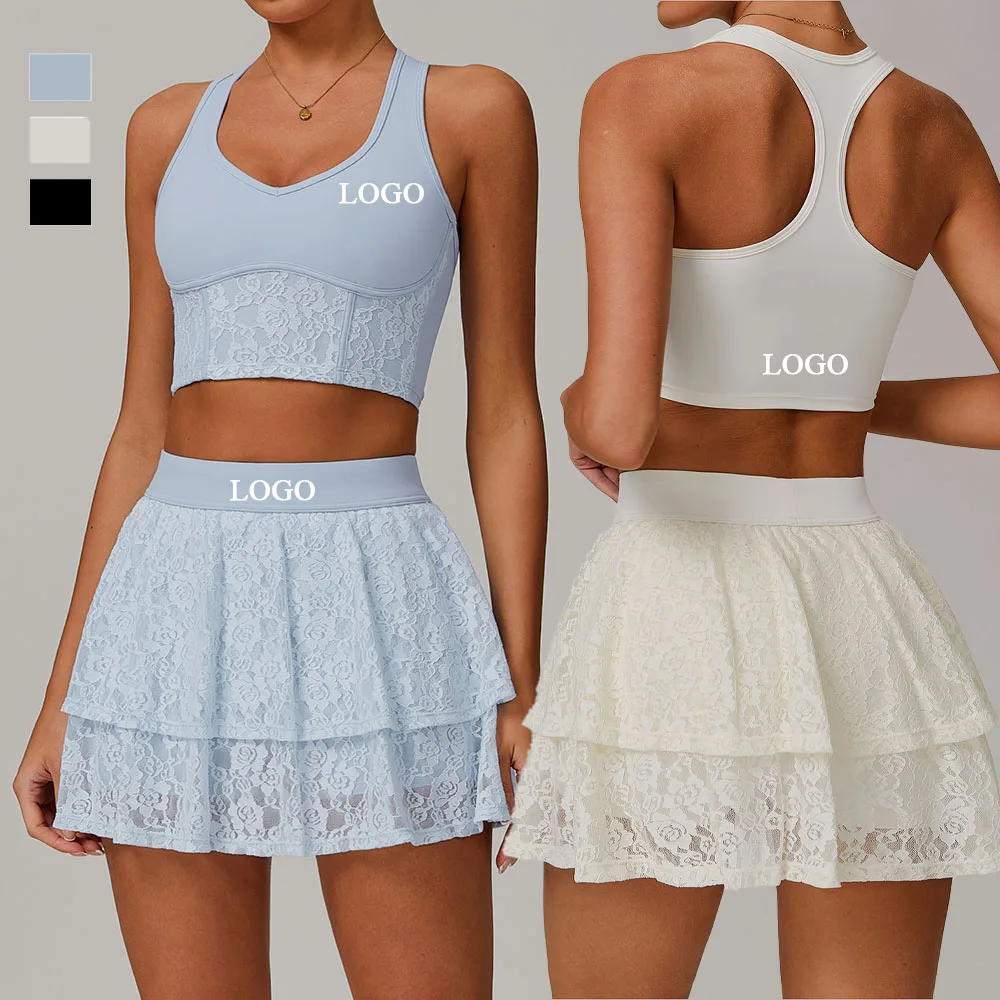 Custom Breathable High Support Racer Back Sports Bra Gym Crop Tops Short Dress Mesh Lace Running Sports Tennis Skirt Yoga Sets