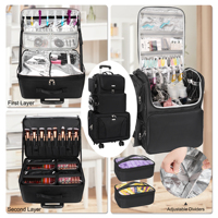 Valise à roulettes extra large Relavel avec 4 trousses de maquillage transparentes portables et sac à dos pour outils de coiffure, sac à dos pour coiffeur