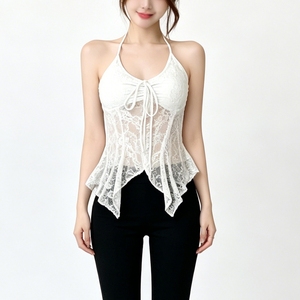 Camisola de encaje transparente para mujer con tirantes finos, lazo frontal y bajo asimétrico, estilo babydoll, de Sehe Fashion - Product Image 2