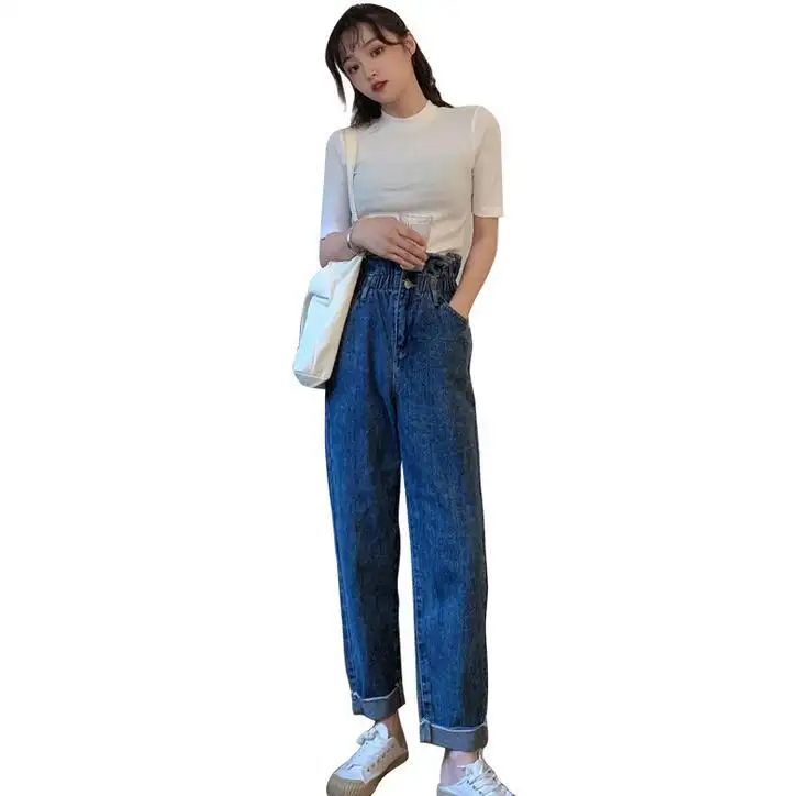 Jeans 2020 autumn new trousers are loose, high waist is thin elastic waist pants, feet curled
