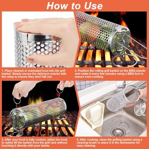 BBQ <b>Rolling</b> Grill Basket Clamshell Version <b>Rolling</b> Grill Cage Stainless Steel BBQ Grill Basket with Bracket and Fork - Product Image 5