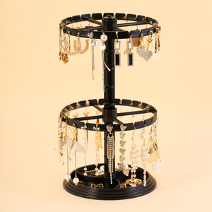 <b>Rotatable</b> Double Layer Jewelry Display Rack Black Plastic Earring Necklace Organizer Storage Stand for <b>Desk</b> Use - Product Image 4