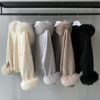 Ensemble deux pièces pull en laine tricoté personnalisé avec col et poignets en vraie fourrure de renard détachables, pantalon long, pour femme, hiver, pulls et sweats à capuche