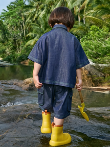 Ensemble de vêtements d'été en denim bleu à col pour bébés garçons, 2 pièces, avec boutons et broderies colorés, anti-boulochage - Product Image 4