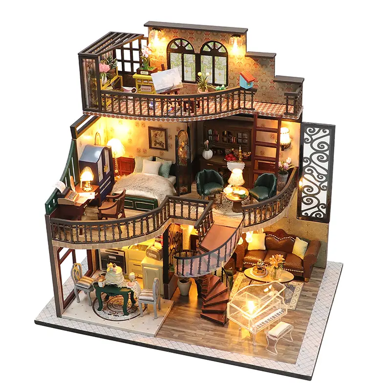 Kit de casa de muñecas en miniatura y muebles DIY, modelo artesanal de casa de muñecas de madera 3D mini con cubierta antipolvo y movimiento musical