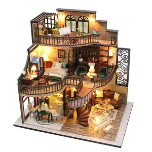 Kit rumah boneka, miniatur DIY dan furnitur, Model kerajinan rumah boneka kayu 3D Mini dengan penutup debu dan gerakan musik