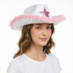 Sombrero de Vaquero Blanco con Adorno de Plumas Rosas, Diseño de Estrella con Lentejuelas, Ajustable, para Viajes, Despedidas de Soltera, Festivales, Actuaciones en Escenario - Product Image 2
