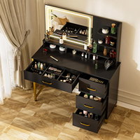 Bureau de maquillage en MDF noir et or avec miroir éclairé, 4 tiroirs et étagères ouvertes, couleurs personnalisées
