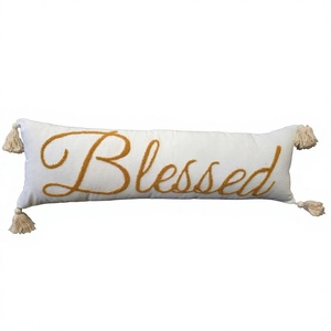 Blessed Embroidered Cotton Bolster <b>Pillow</b> Cover with Tassels Boho Style Decorative <b>Throw</b> <b>Pillow</b> - Product Image 1