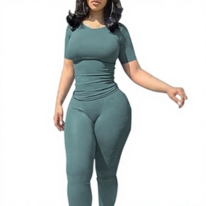 High Demand Women's Seamless Ribbed Yoga Set High Waist <b>Leggings</b> and Short Sleeve Crop Top Fitness Gym Workout <b>Activewear</b> Set - Product Image 1