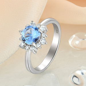 Cincin Pernikahan <span class=keywords><strong>Halo</strong></span> Potongan Bulat S925 Perhiasan Anak Perempuan Cincin Pertunangan CZ Perak Cincin Biru Biru Biru Biru Biru - Product Image 2